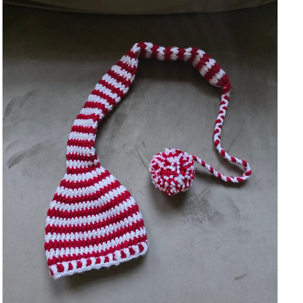 Crocheted Red and White Striped Baby Elf Santa Hat: Newborn Photography Prop